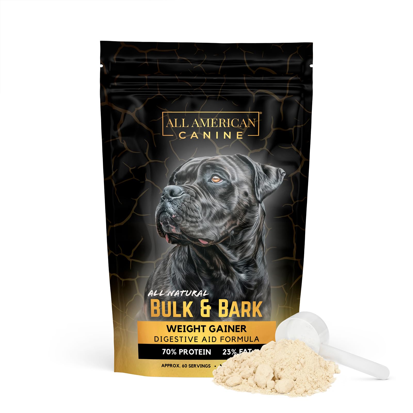 All American Canine Bulk & Bark weight gainer bag highlights a protein-dense meal topper for lean muscle.