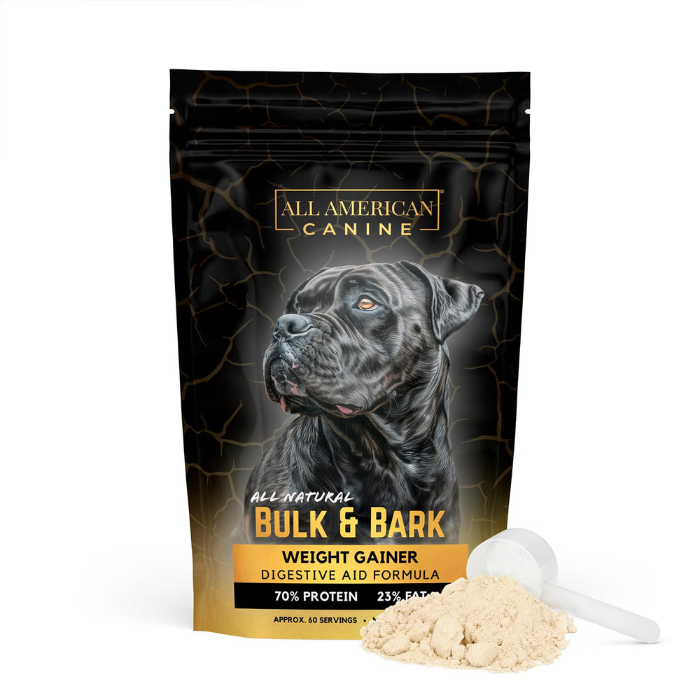 All American Canine Bulk & Bark weight gainer bag highlights a protein-dense meal topper for lean muscle.