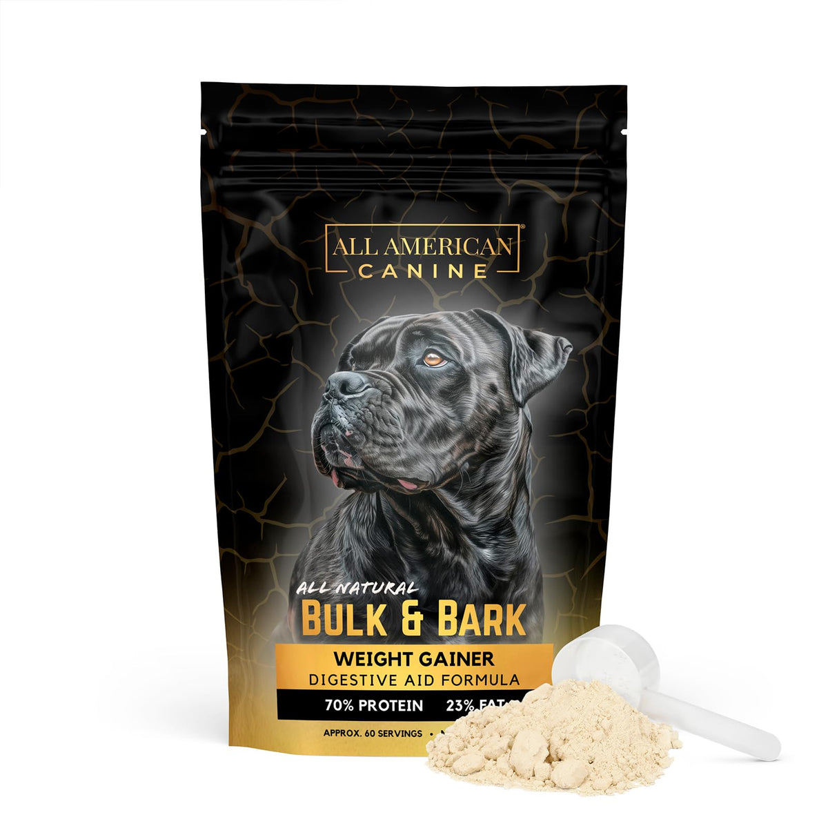 All American Canine Bulk & Bark weight gainer bag highlights a protein-dense meal topper for lean muscle.