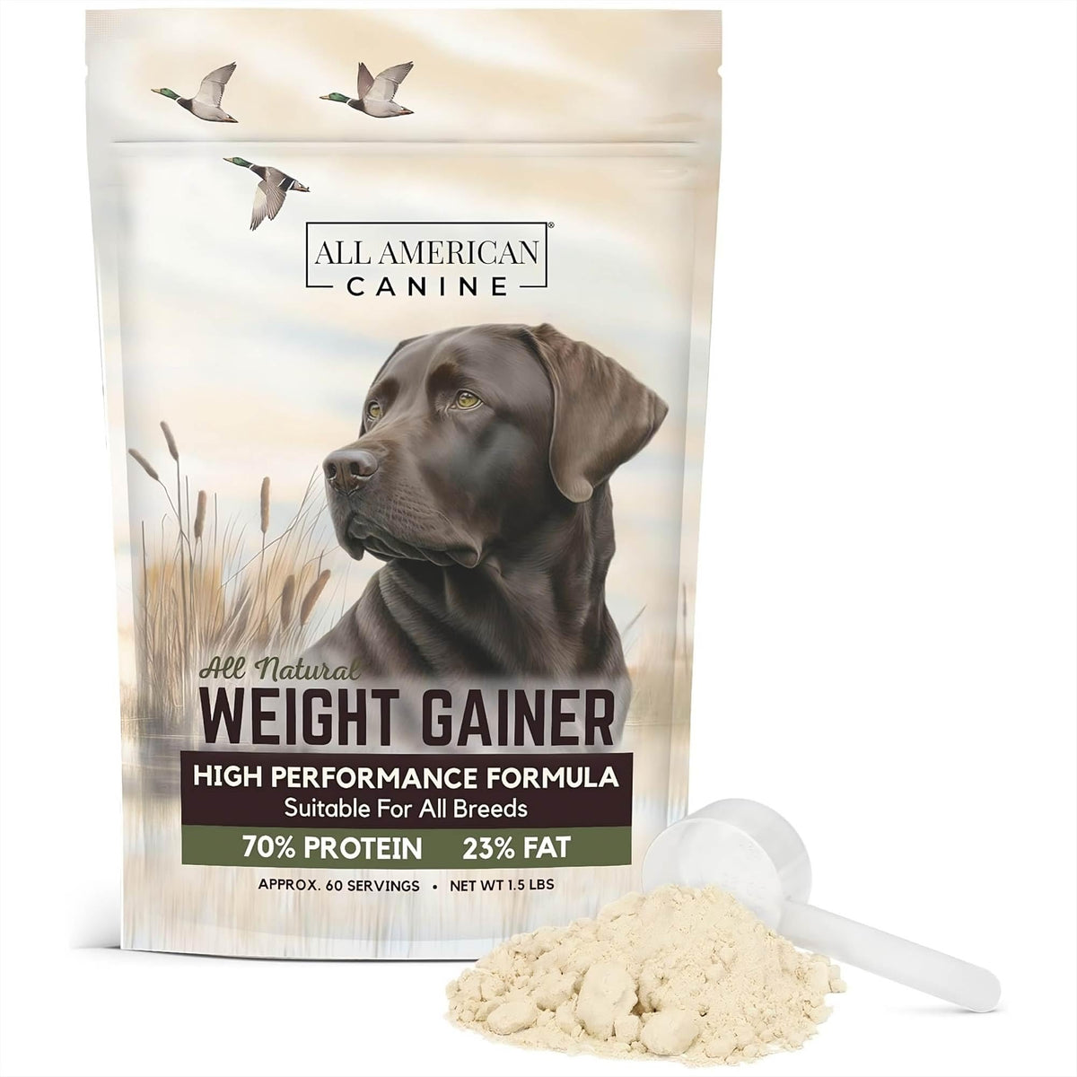 All American Canine Weight Gainer bag front emphasizing high-calorie formula for healthy weight gain.
