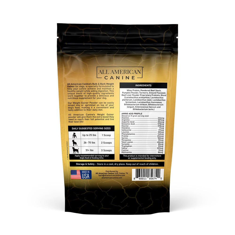 All American Weight Gainer meal sprinkle shows convenient protein boost for active dogs.