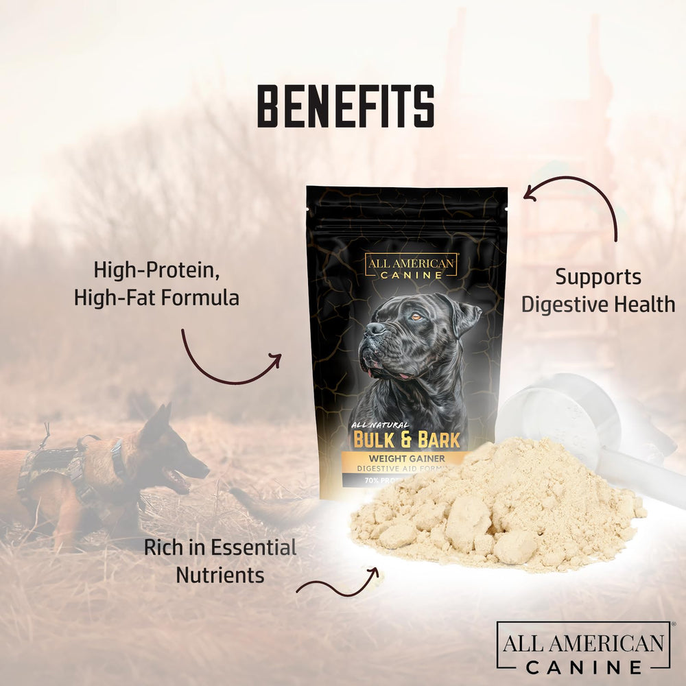 All American Canine whey-protein-dog-muscle powder is shown for muscle support.