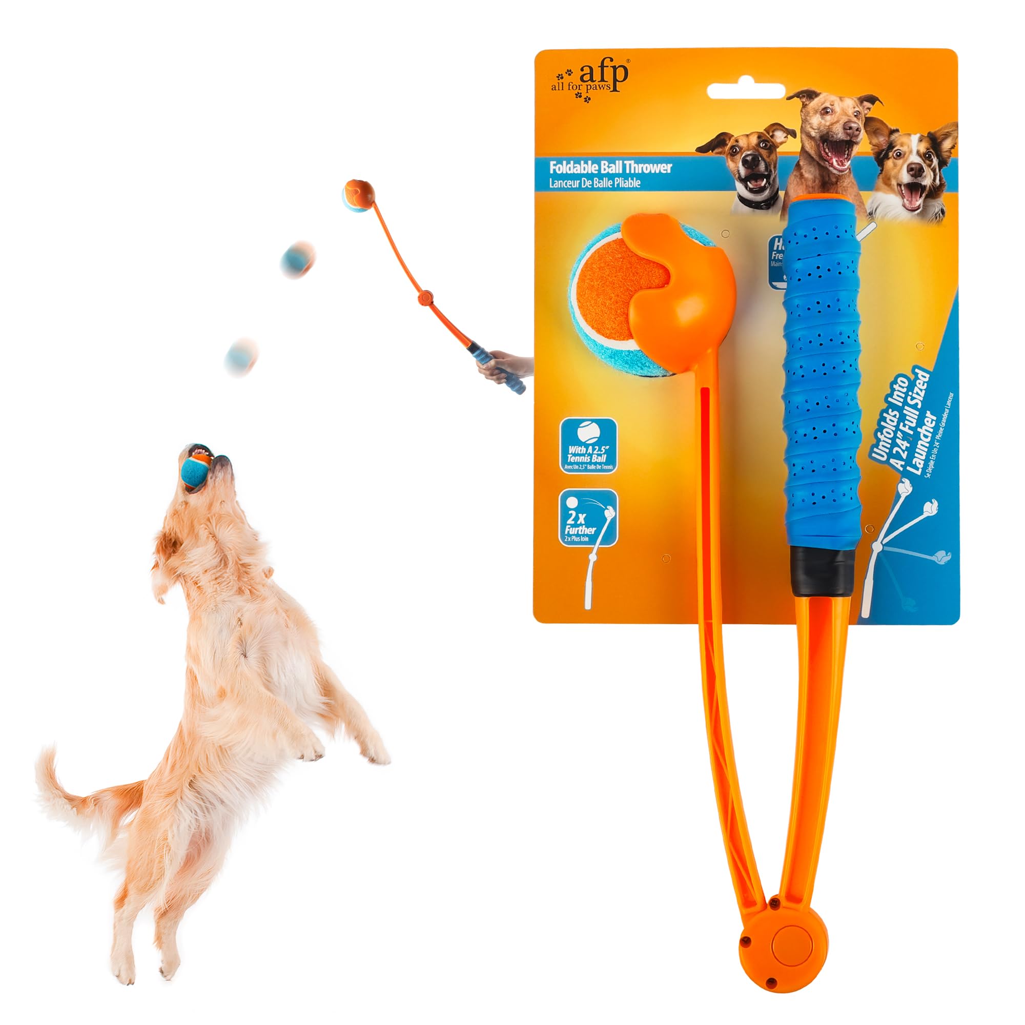 ALL FOR PAWS AFP 25 dog ball launcher extended for long outdoor fetch sessions.