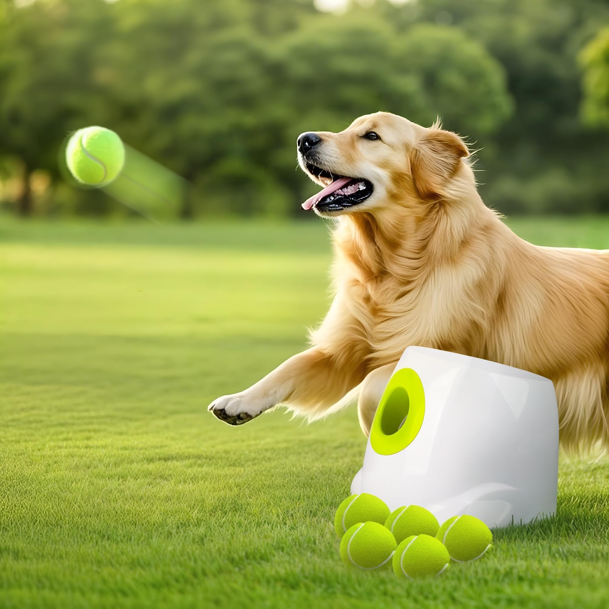 ALL FOR PAWS automatic ball launcher front view showcases compact, portable design for quick outdoor play