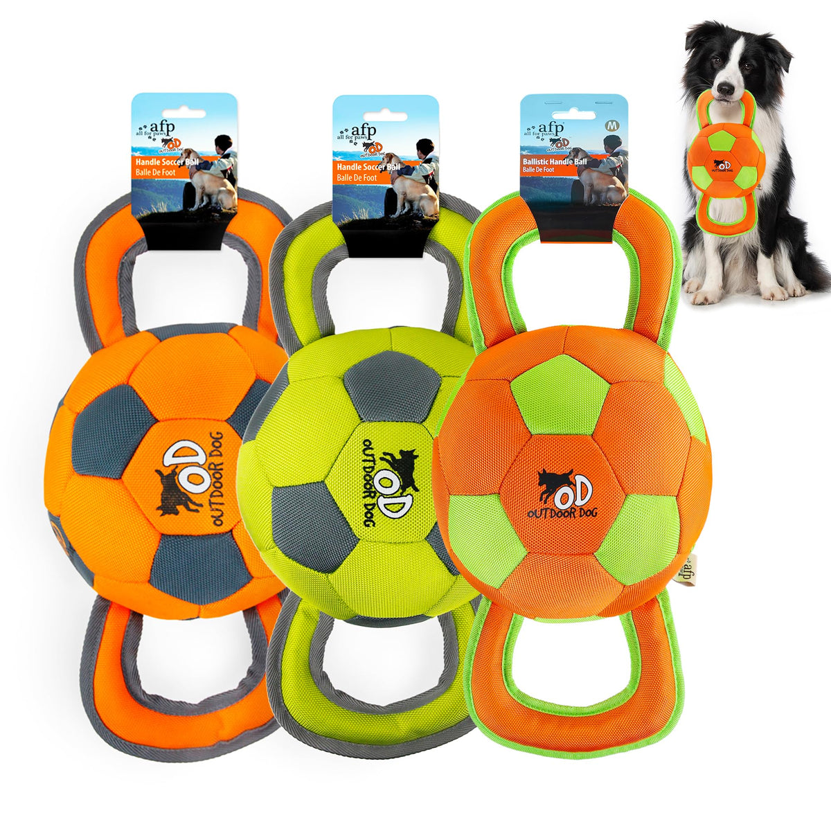 ALL FOR PAWS Ballistic Handle Ball Toy with squeaker in green for tug games.