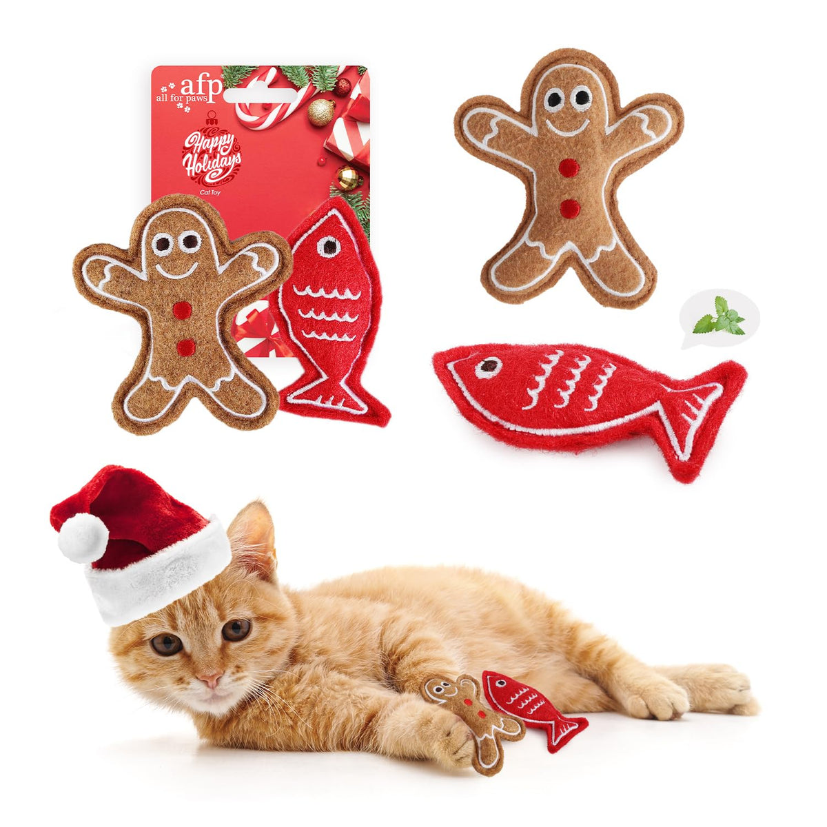 ALL FOR PAWS Christmas cat toy catnip closeup showcasing soft fabric for safe indoor play.