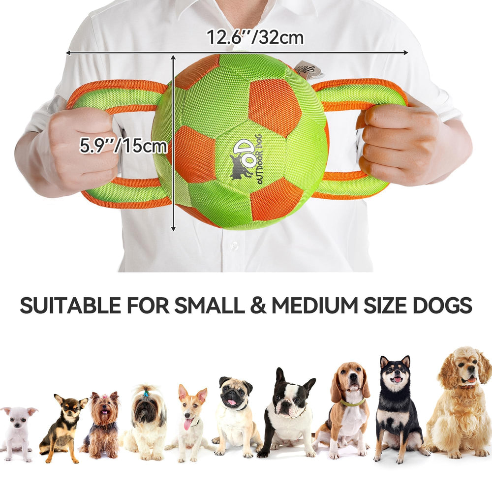 ALL FOR PAWS dog ball handles-tug action shows easy grip for safe, interactive tug-of-war.