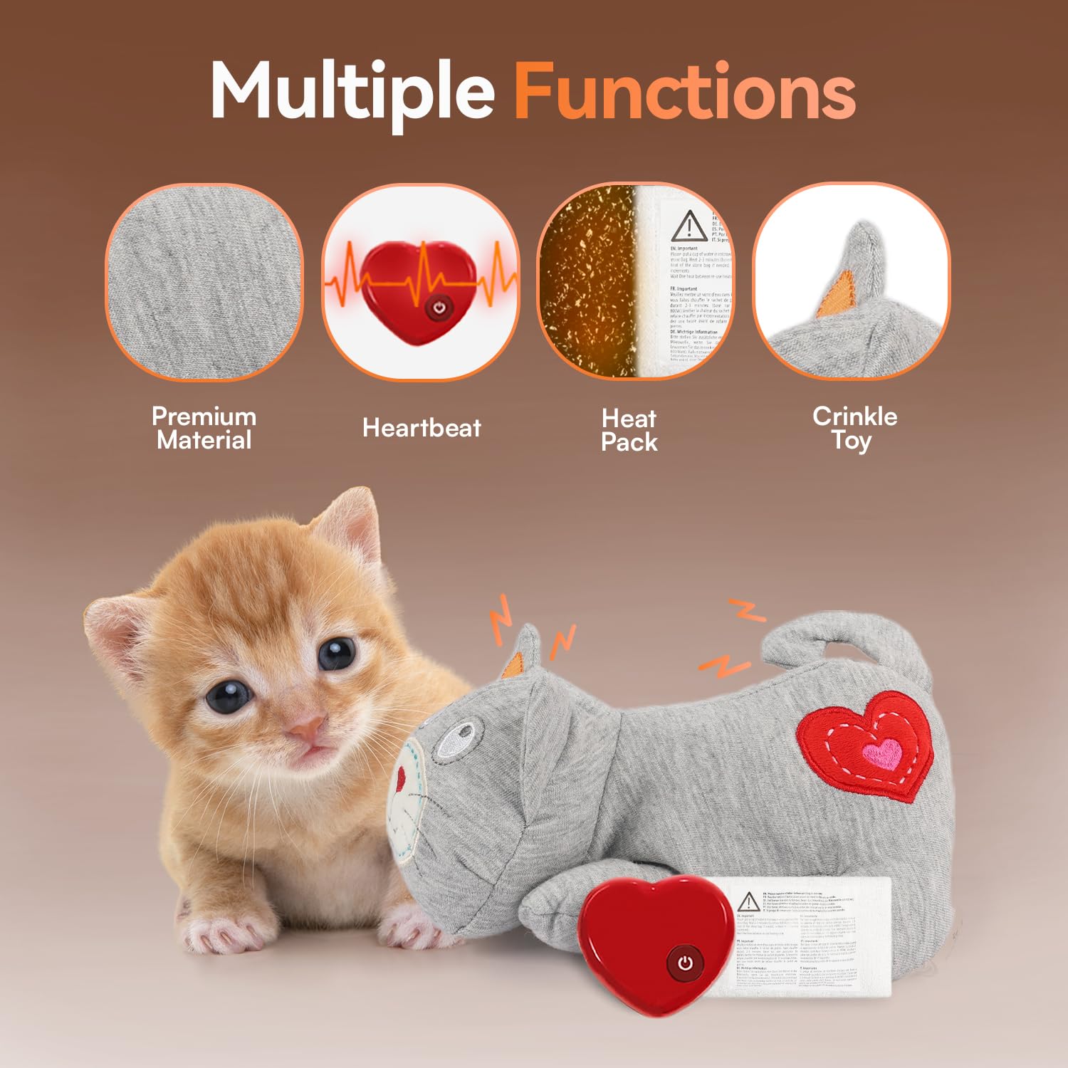 ALL FOR PAWS heartbeat cat plush toy cuddling scene suggests security and comfort.