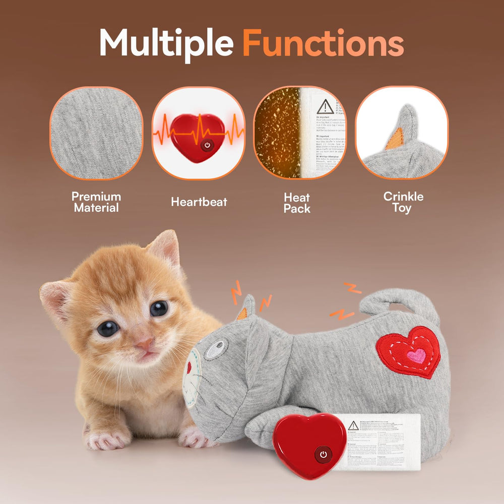 ALL FOR PAWS heartbeat cat plush toy cuddling scene suggests security and comfort.