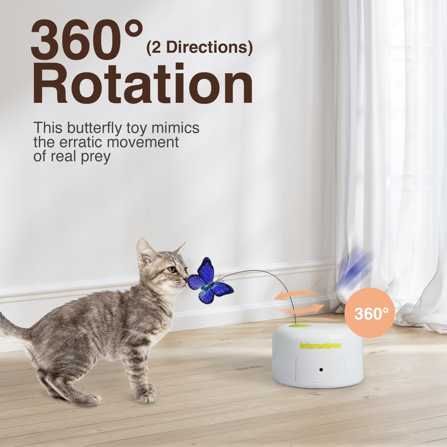 ALL FOR PAWS Butterfly Toy—360-degree rotation highlights dynamic motion for active cats.
