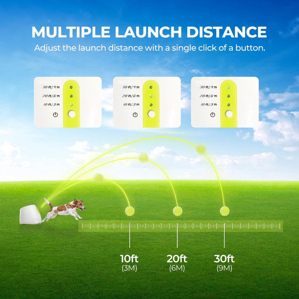 All For Paws adjustable-distance control shows 10, 20, 30 feet for tailored fetch.