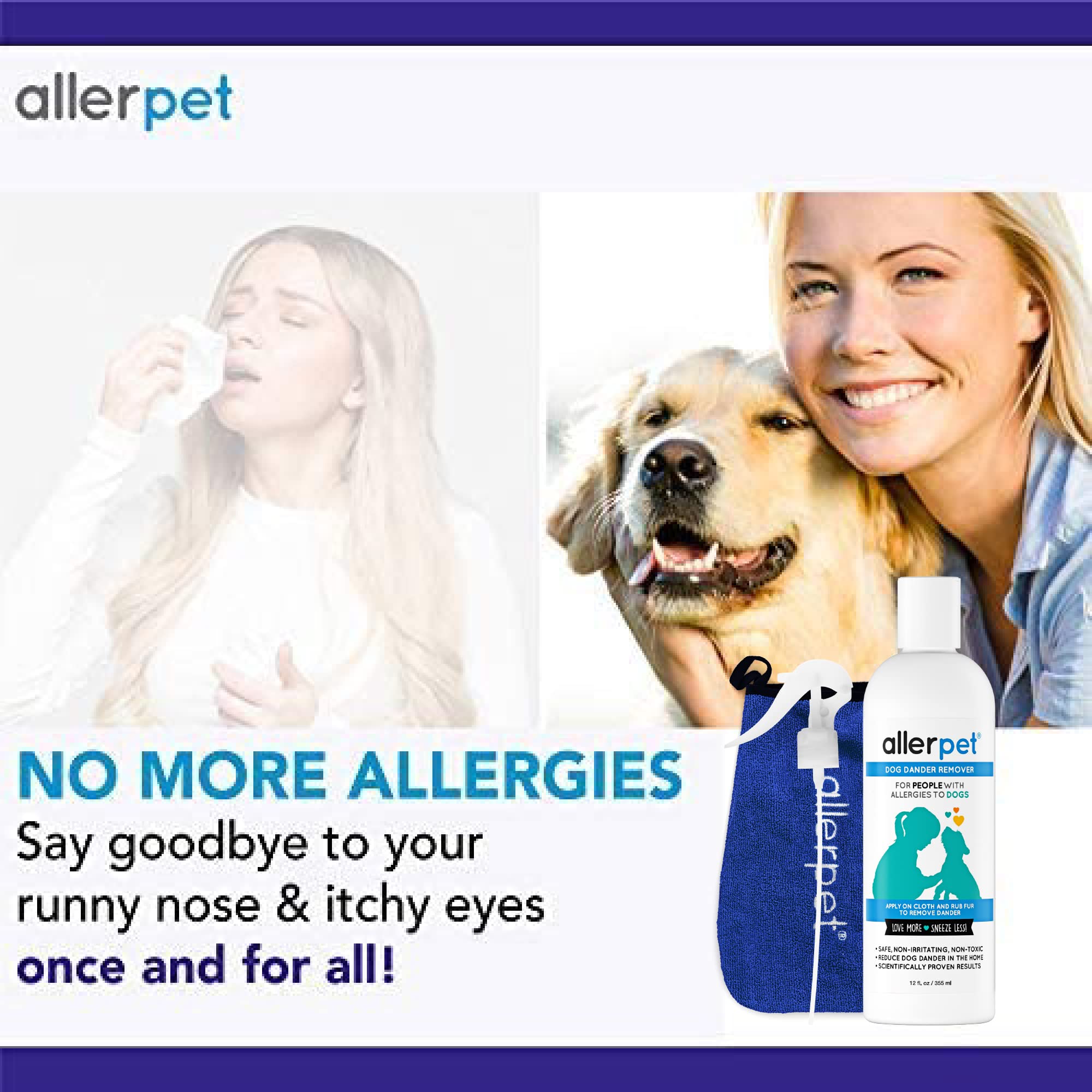 Allerpet 12oz bottle highlights fragrance-free, non-toxic formula for sensitive pets.