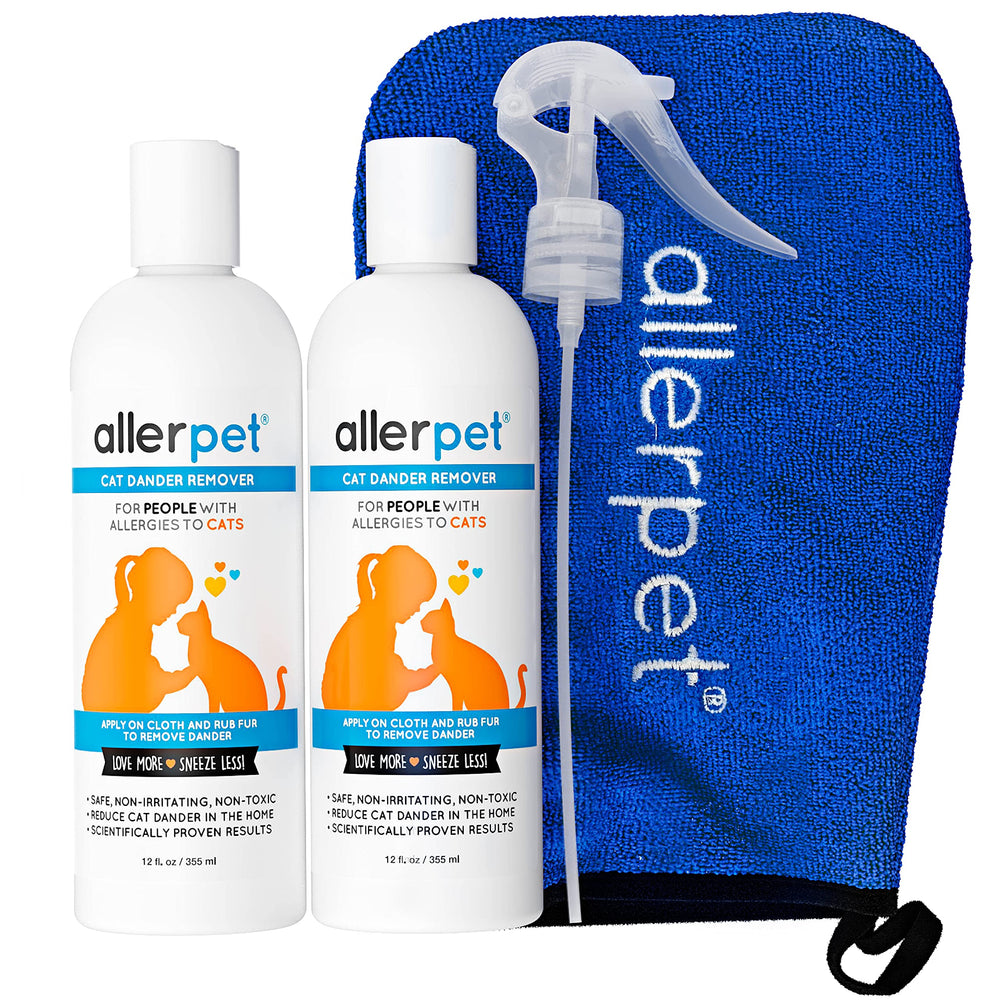 Allerpet cat dander remover bottle in a two-pack for easy allergy control.