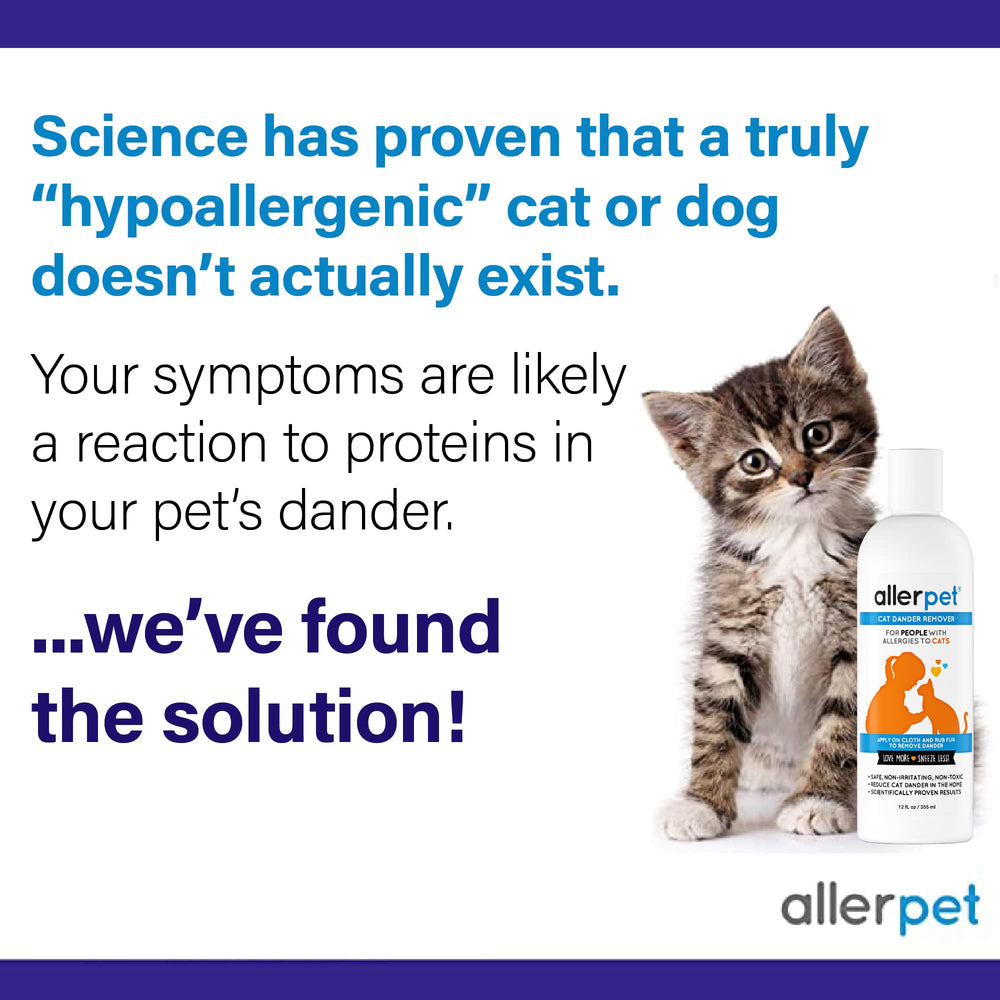Allerpet Cat Dander Remover sprayer enables clean, mess-free application on a cat.