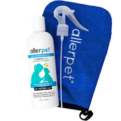 Allerpet dog dander remover mitt demonstrates gentle application for reducing allergens.