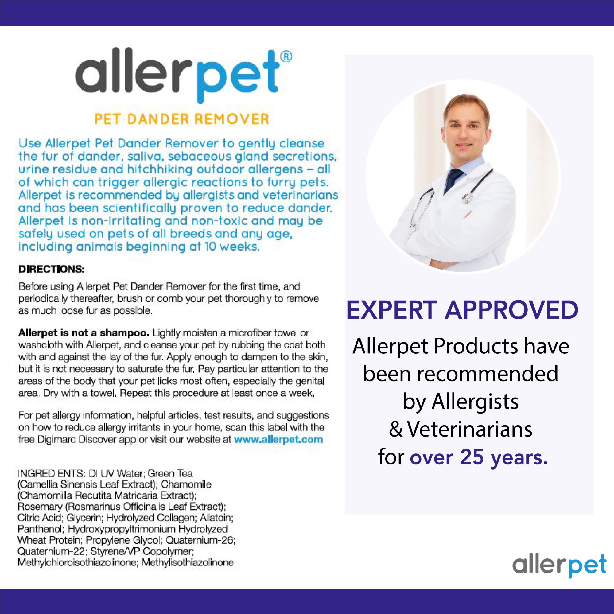 Allerpet bottle highlights green tea, chamomile, rosemary conditioning ingredients