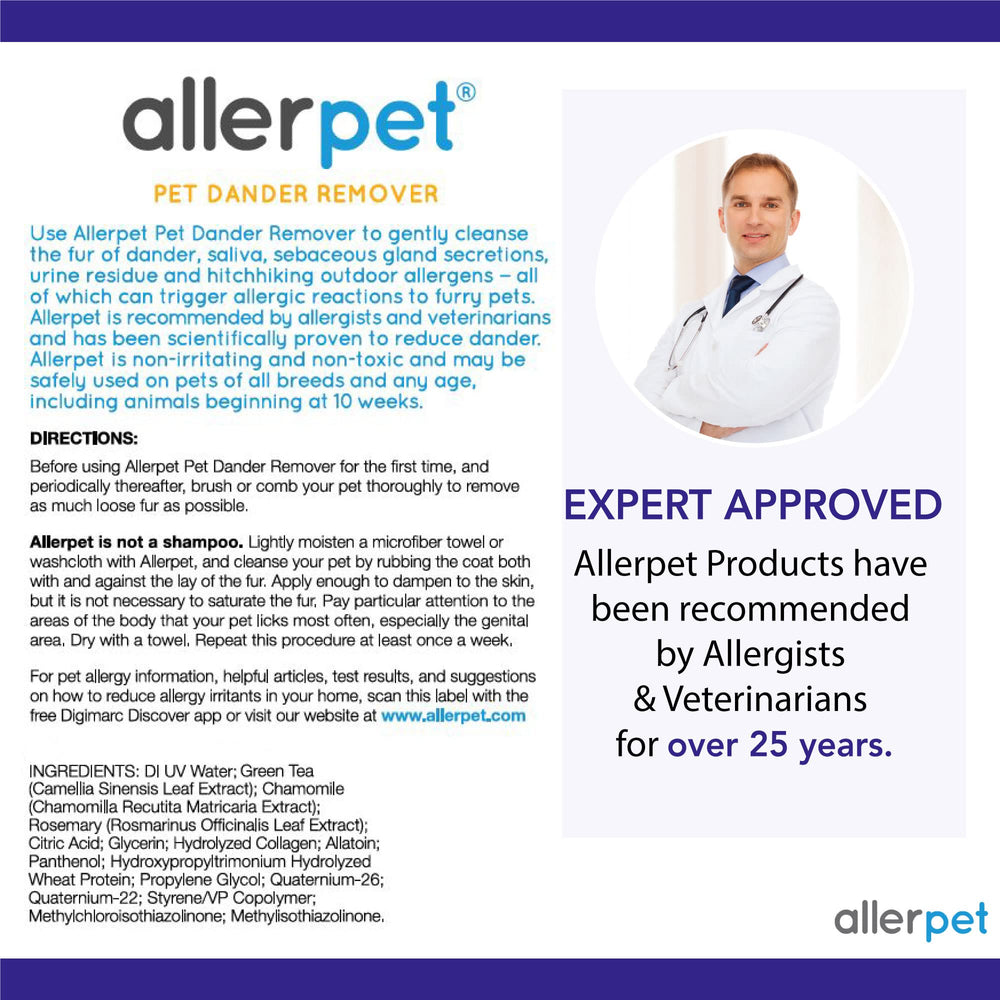 Allerpet bottle highlights green tea, chamomile, rosemary conditioning ingredients