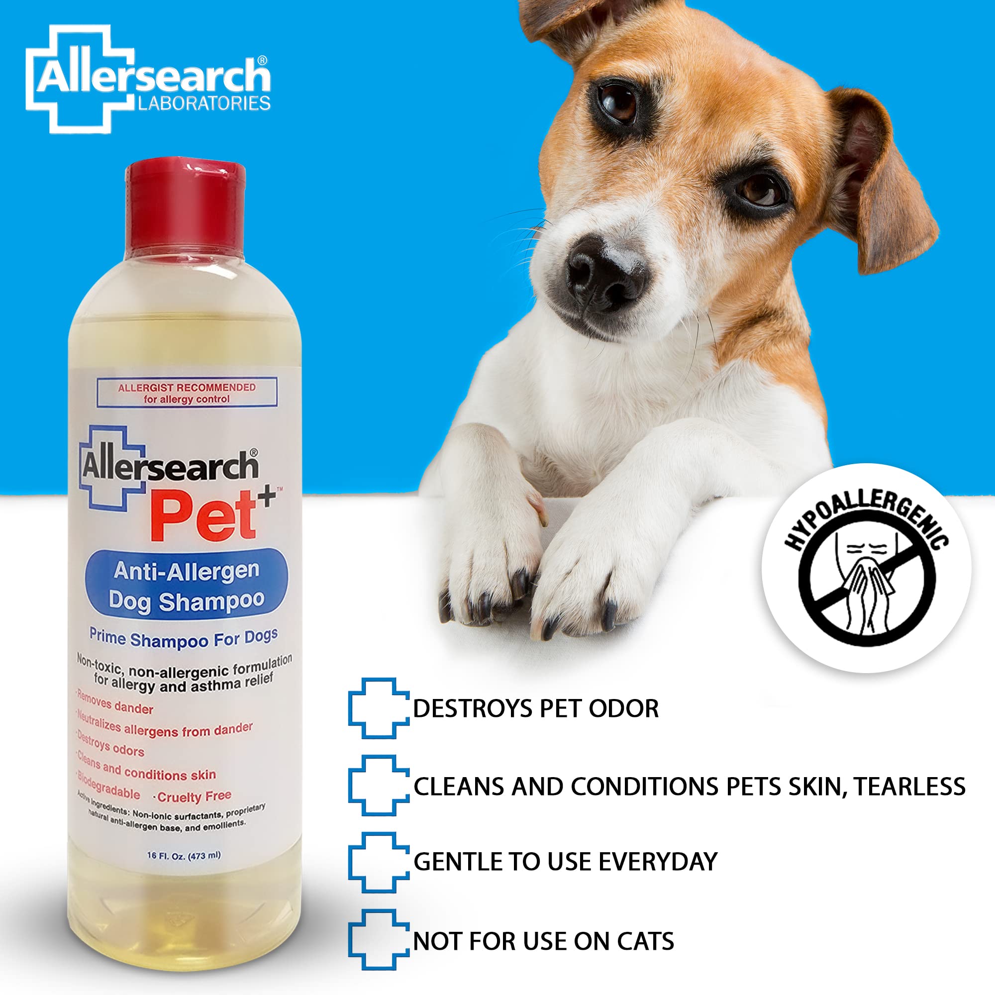 Allersearch Pet+ Shampoo label shows fragrance-free and gluten-free attributes