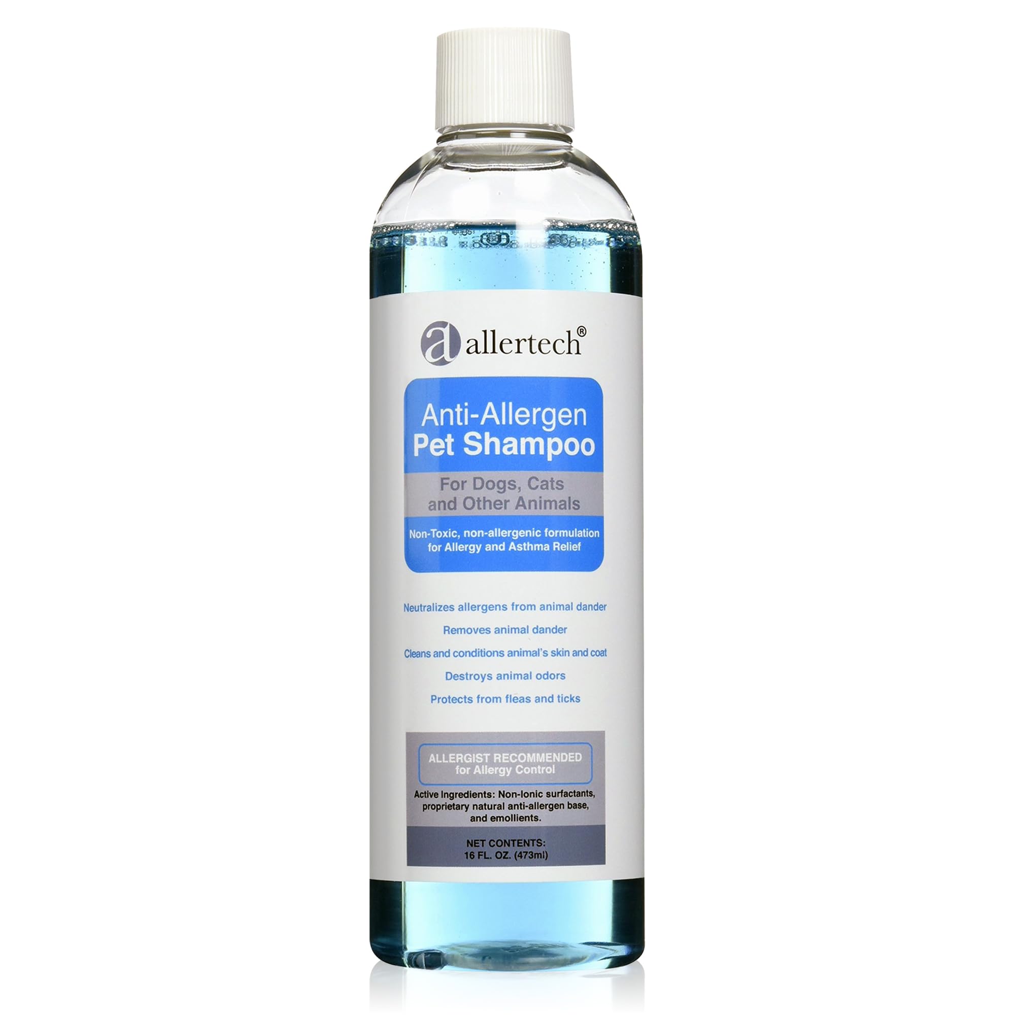 Allertech Anti-Allergen Pet Shampoo bottle highlights a non-toxic formula for cleaner fur.