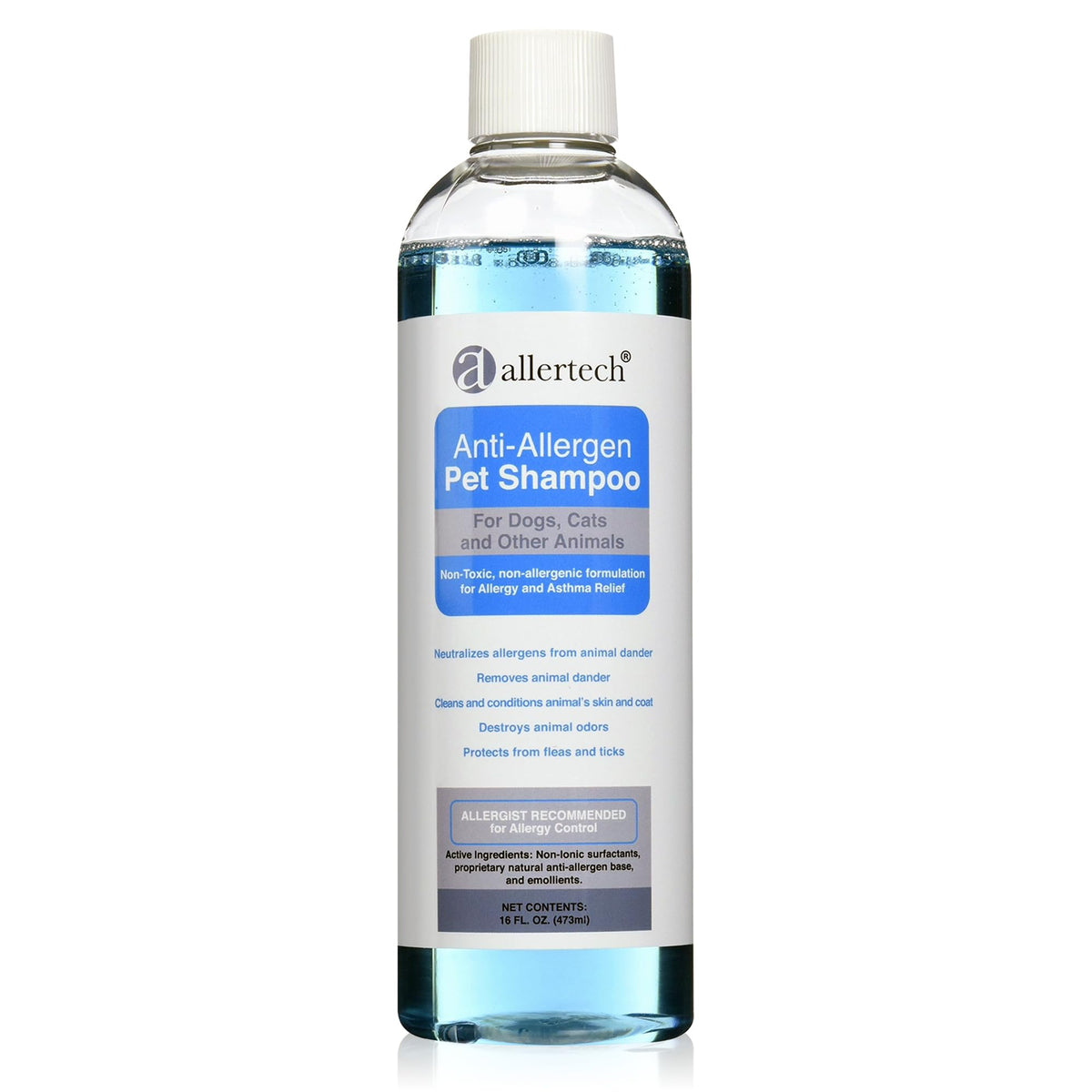 Allertech Anti-Allergen Pet Shampoo bottle highlights a non-toxic formula for cleaner fur.