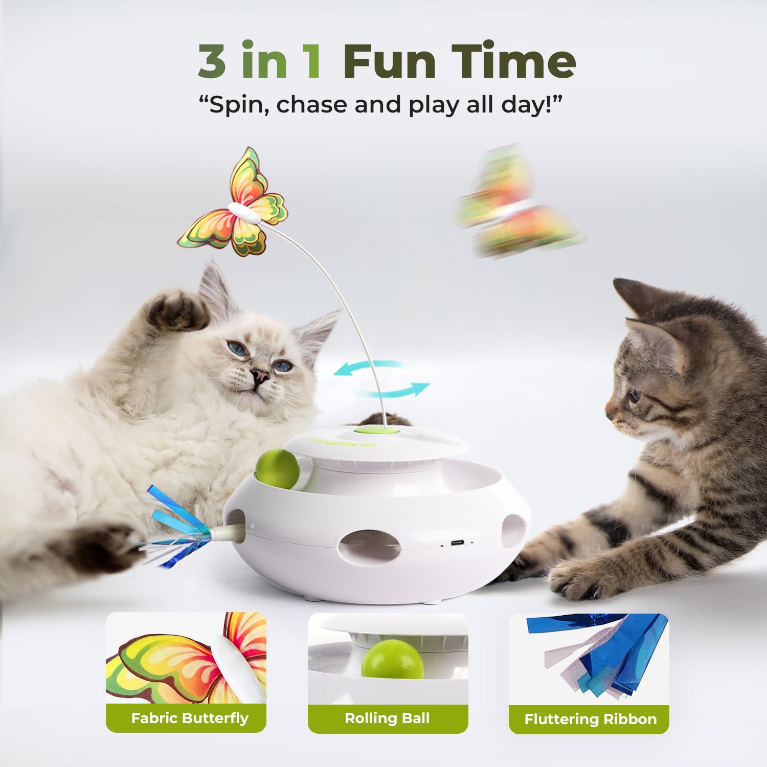 ALL FOR PAWS 3-in-1 cat toy popping-ribbon excites hunting instincts with surprising pops.