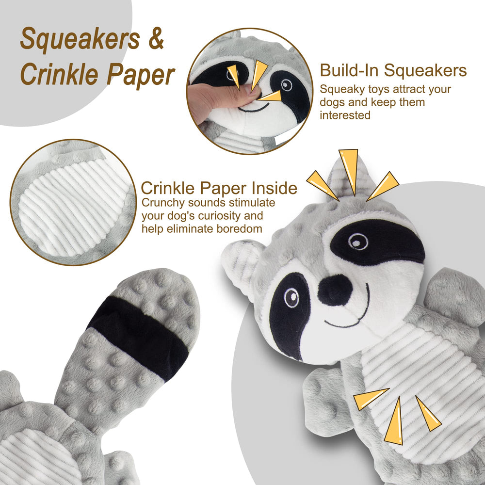 AllHomey squeaky raccoon gray plush toy side view supports enrichment during solo play.