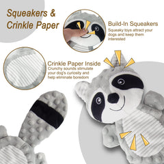 AllHomey squeaky raccoon gray plush toy side view supports enrichment during solo play.