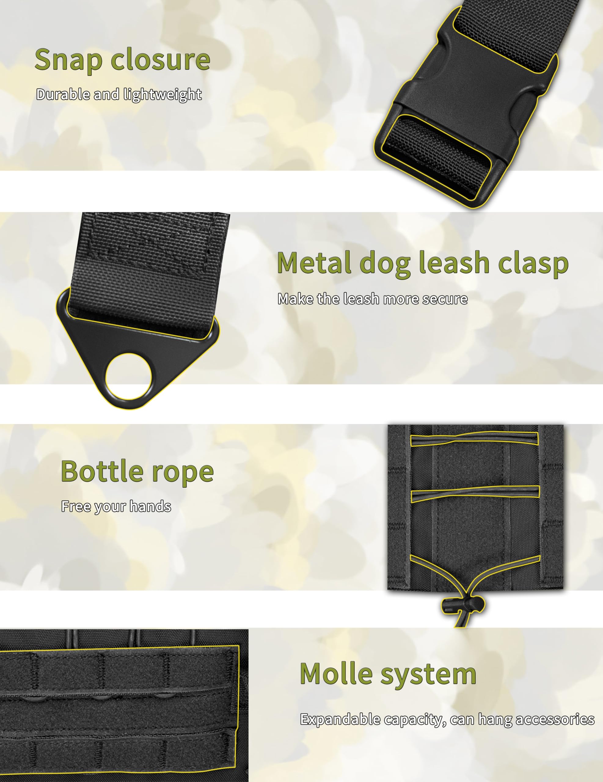 ALLIGEAR dog harness with Molle system attachments for modular gear on outdoor adventures.