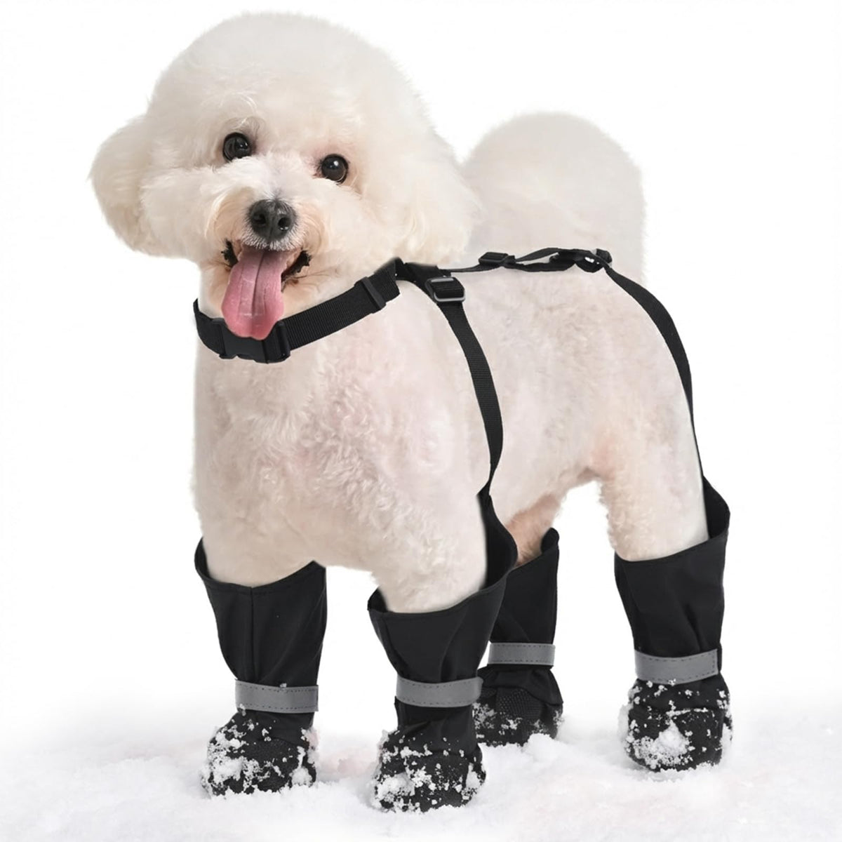 Allroaring dog suspender boots with waterproof fabric keep paws dry during rain or snow.