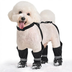 Allroaring dog suspender boots with waterproof fabric keep paws dry during rain or snow.