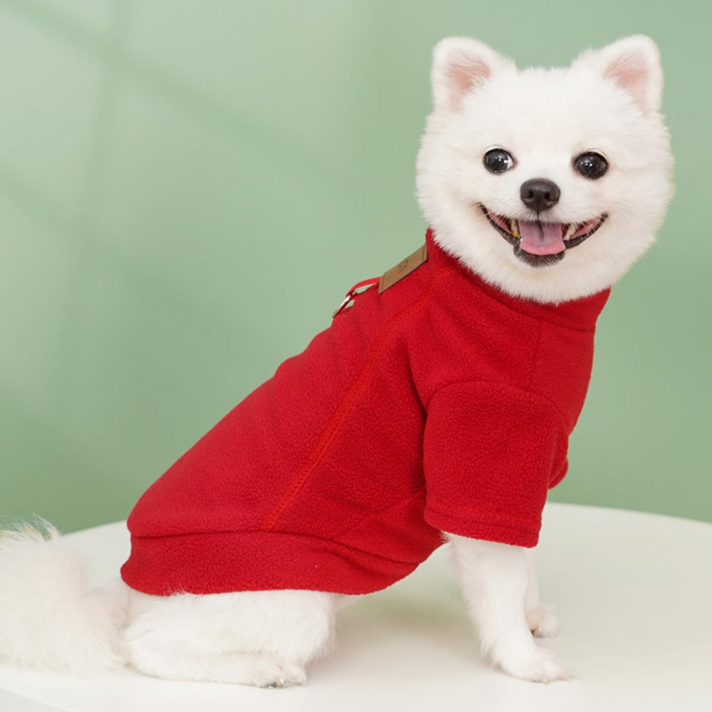 Allroaring soft fleece dog sweater back view reveals a cozy red coat.