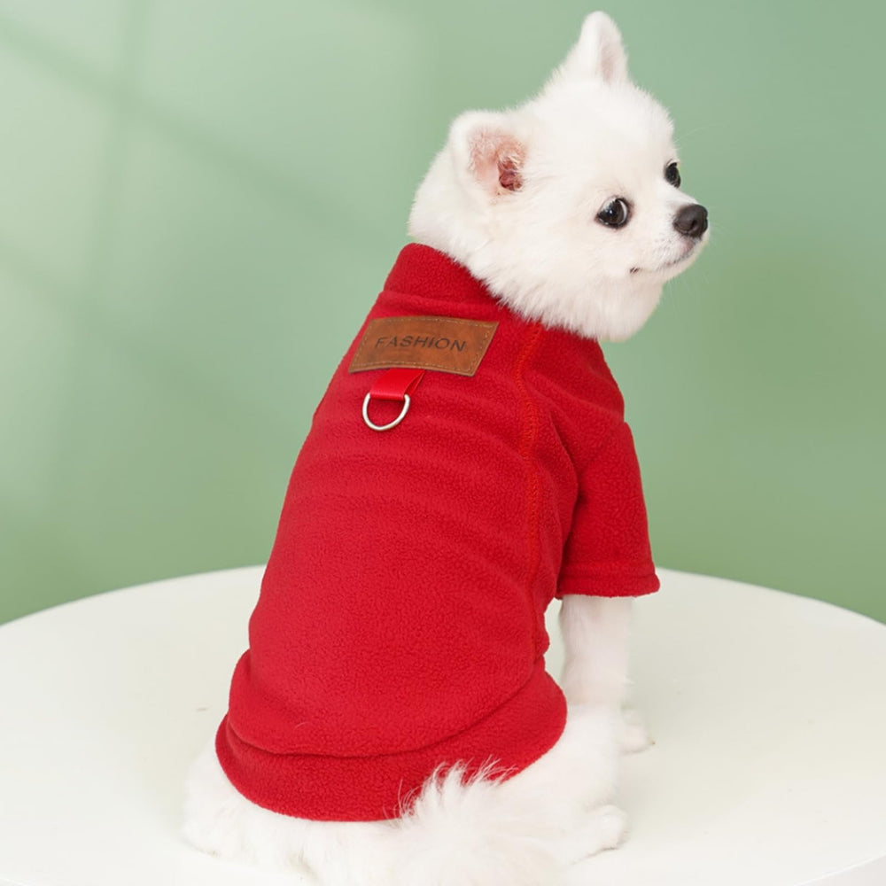 Allroaring dog sweater harness ring closeup demonstrates easy leash attachment.