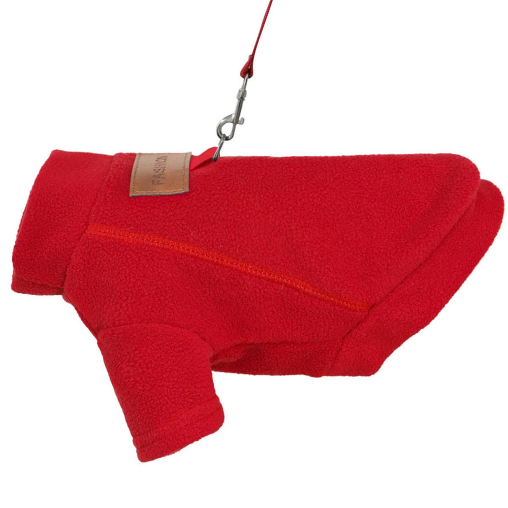 Allroaring soft fleece dog sweater on a dog during travel or indoors for warmth.
