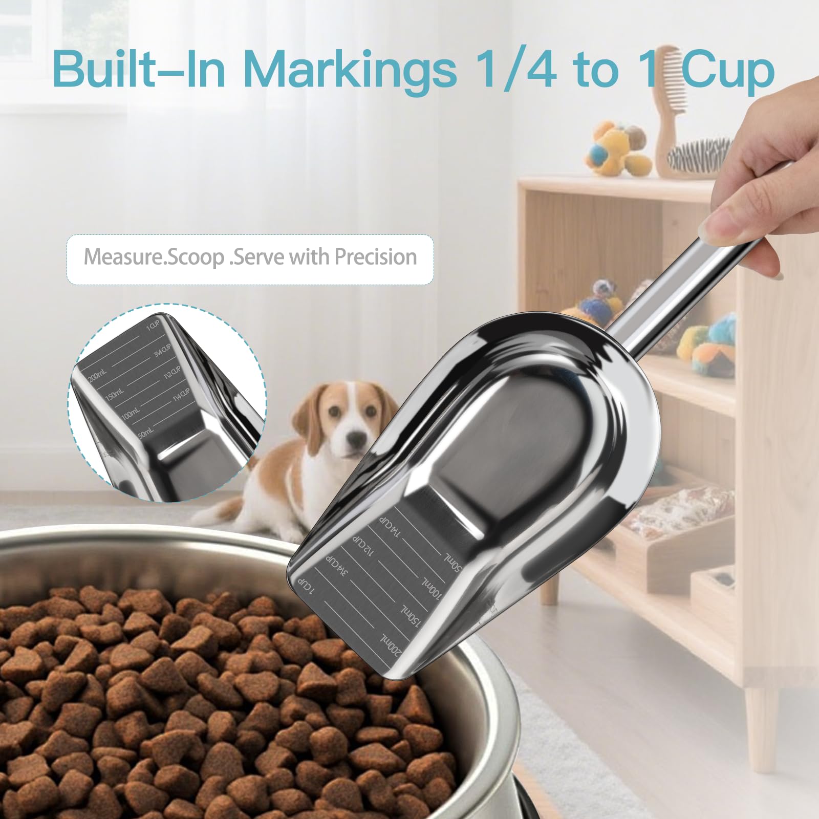 Aloxina dog-cat scoop 304 stainless steel resists rust in wet food and everyday use.