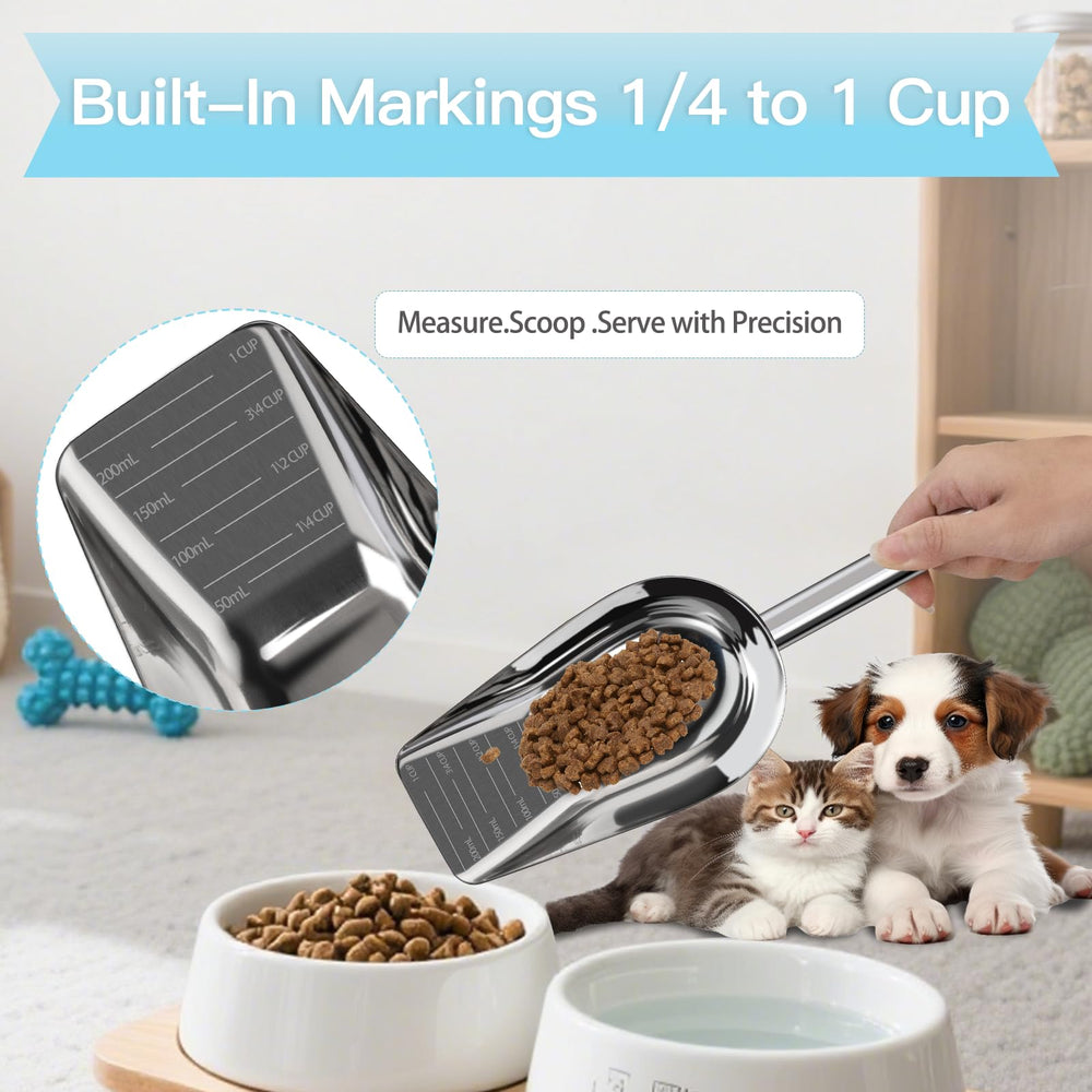 Aloxina dog-cat scoop mirror finish cleans quickly and resists sticking during busy feeding.