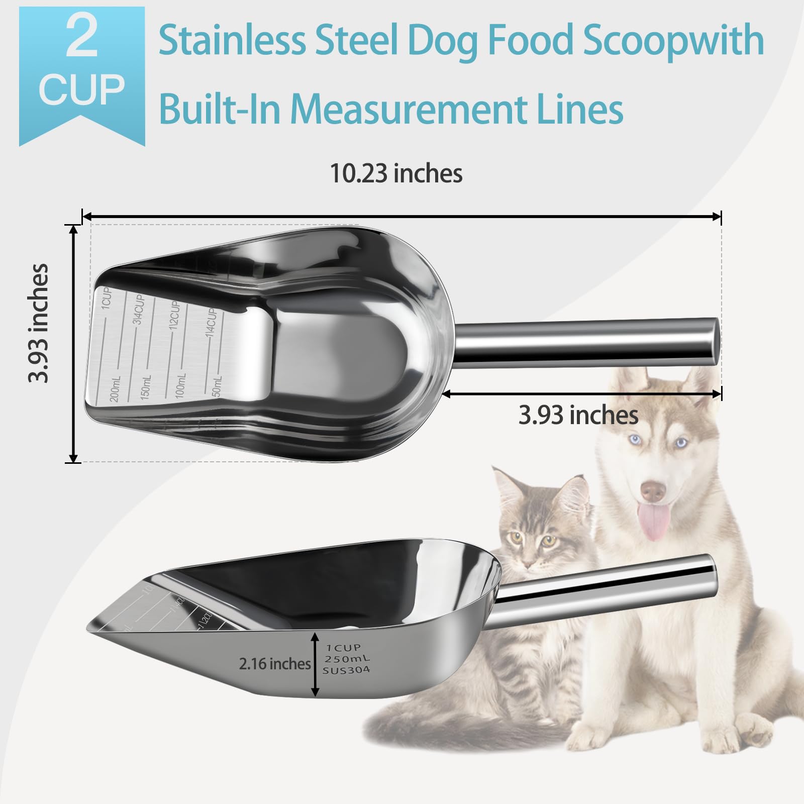 Aloxina dog-cat scoop side handle demonstrates extended reach into large kibble bins.