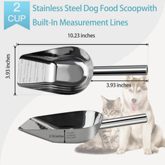Aloxina dog-cat scoop side handle demonstrates extended reach into large kibble bins.