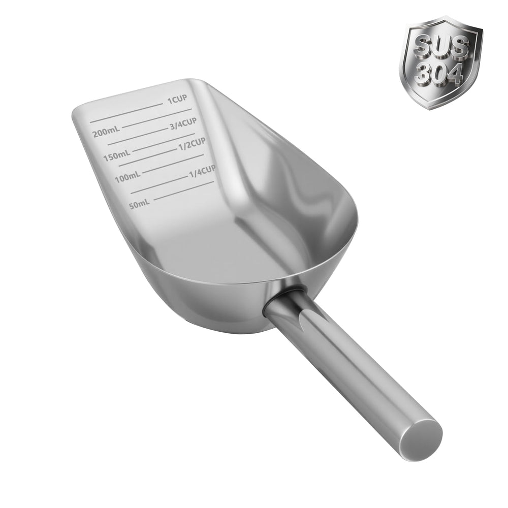 Aloxina dog-cat scoop top view highlighting durable 304 stainless steel for long-lasting pet meals.