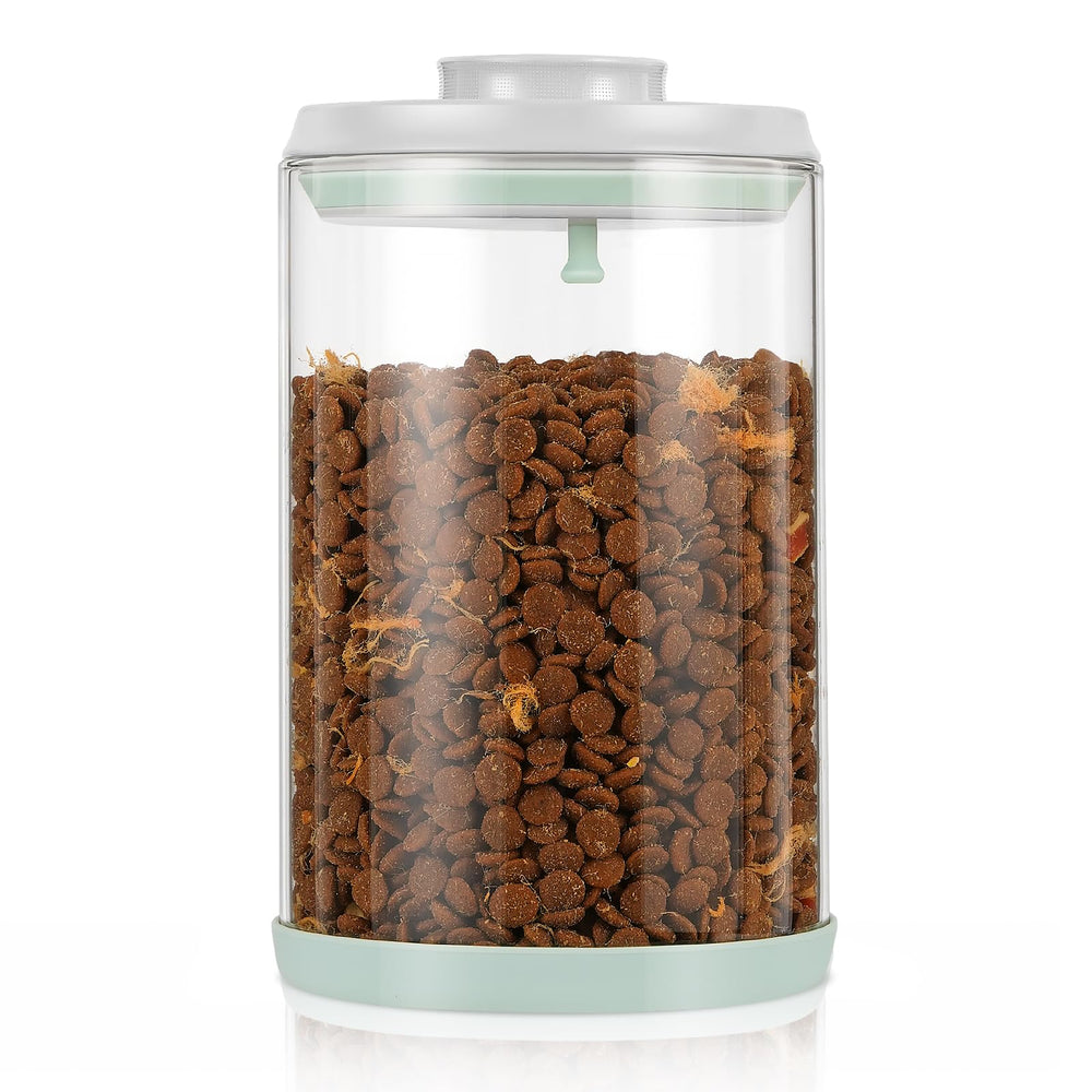 Aloxina one-touch lid dog treat container keeps treats fresh on the counter.