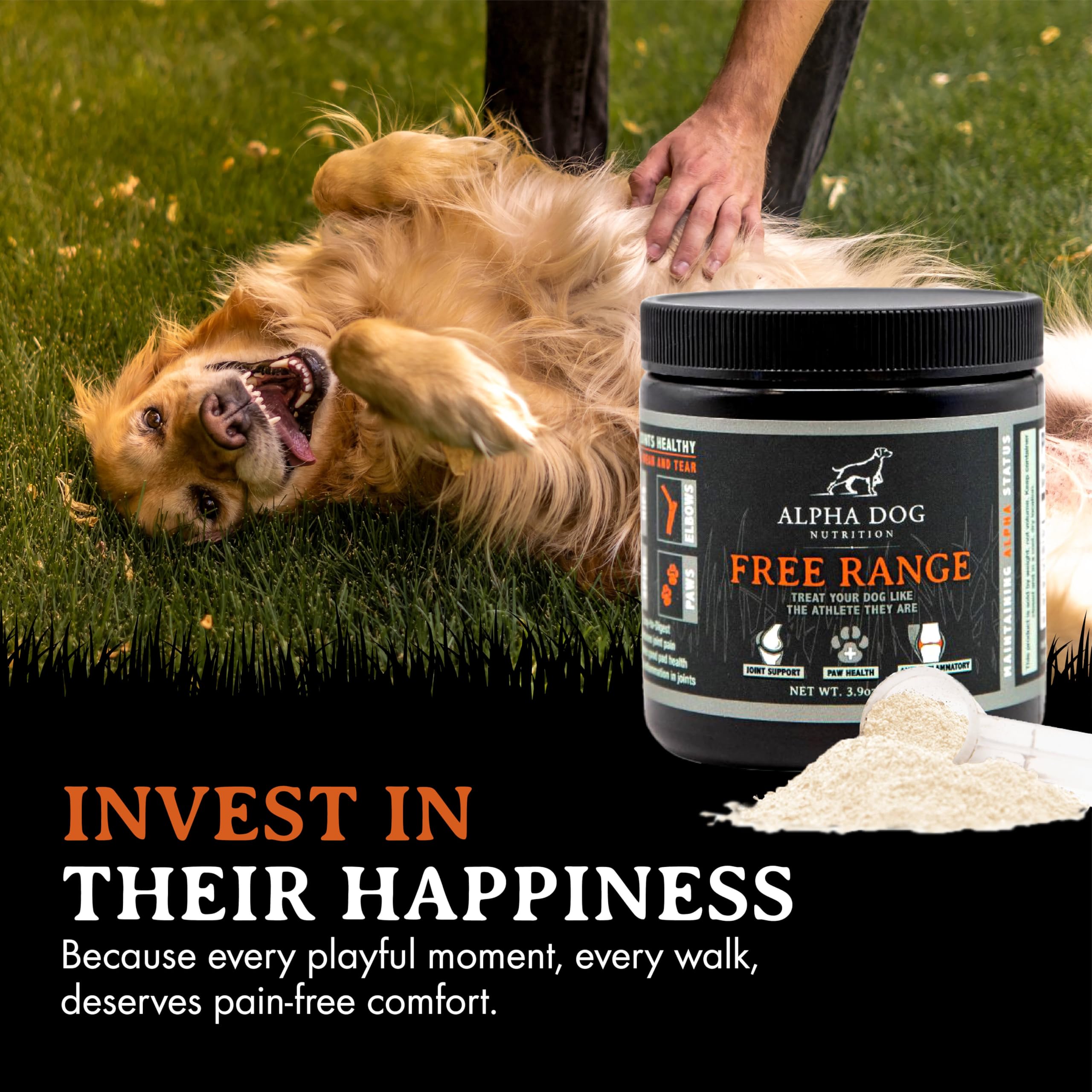 Alpha Dog Nutrition Free Range Joint Powder with beef liver flavor aroma appealing to dogs.