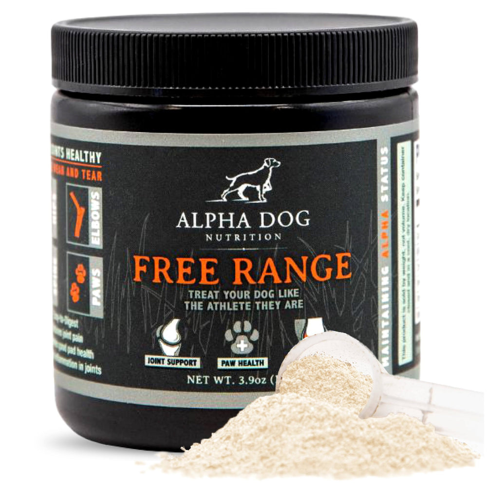 Alpha Dog Nutrition Free Range Joint Powder bottle provides premium joint support for active dogs.