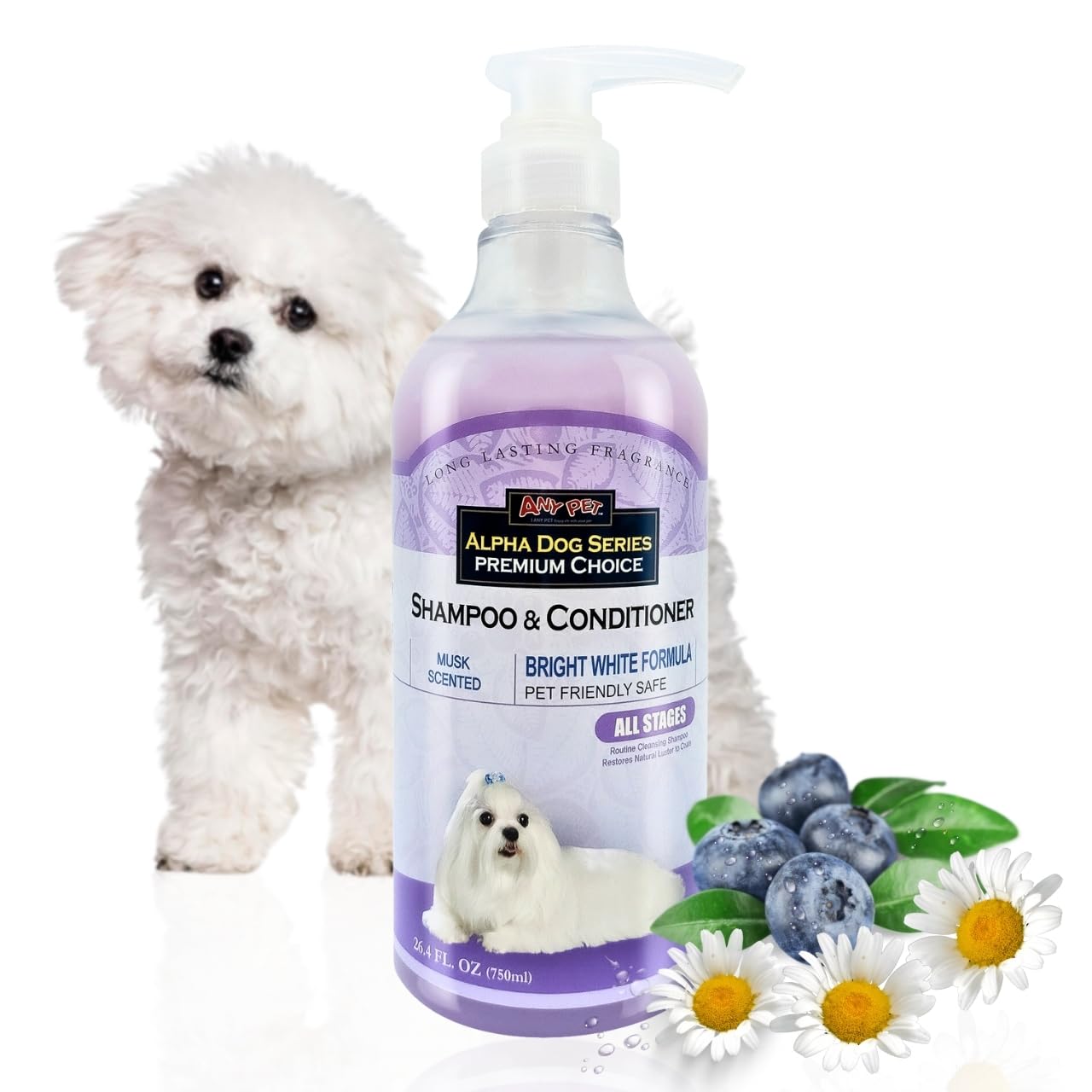 Alpha Dog Series Bright White Shampoo bottle closeup demonstrates gentle cleansing for sensitive dogs.