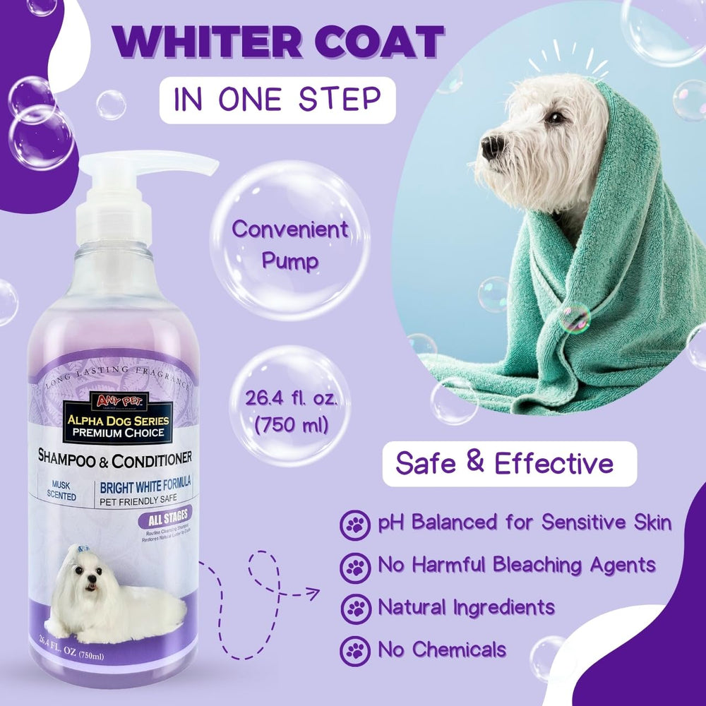 Alpha Dog Series Bright White tear-free foaming lather protects eyes during bath.
