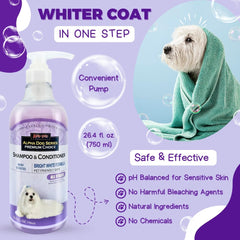Alpha Dog Series Bright White tear-free foaming lather protects eyes during bath.