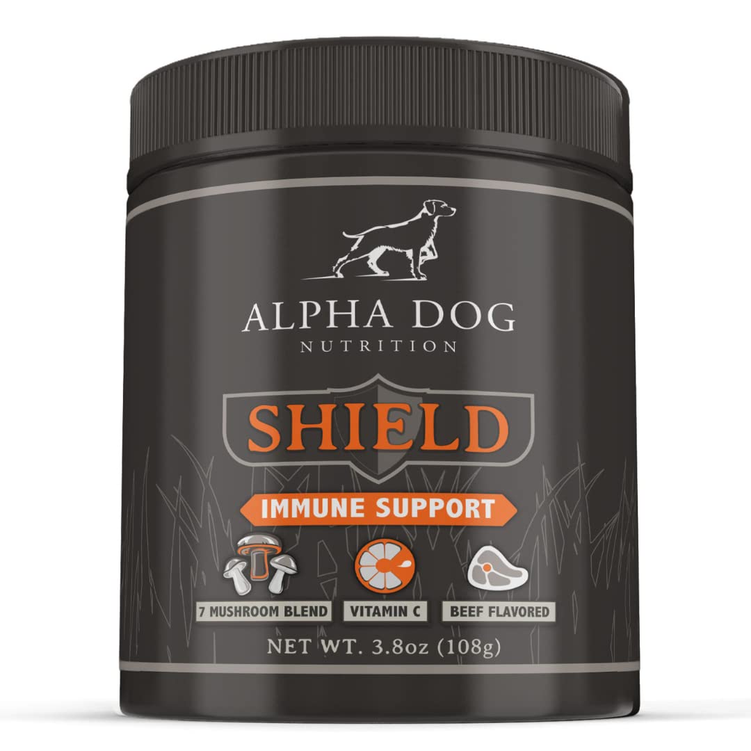 Alpha Dog Shield bottle front promotes immune support for dogs.