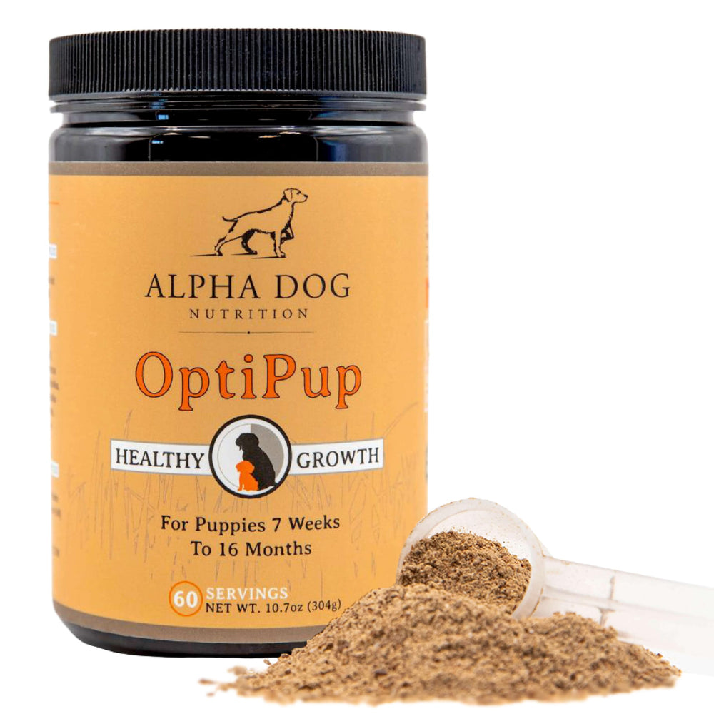 Alpha Dog Nutrition OptiPup bottle pour for easy daily dosing during puppy care