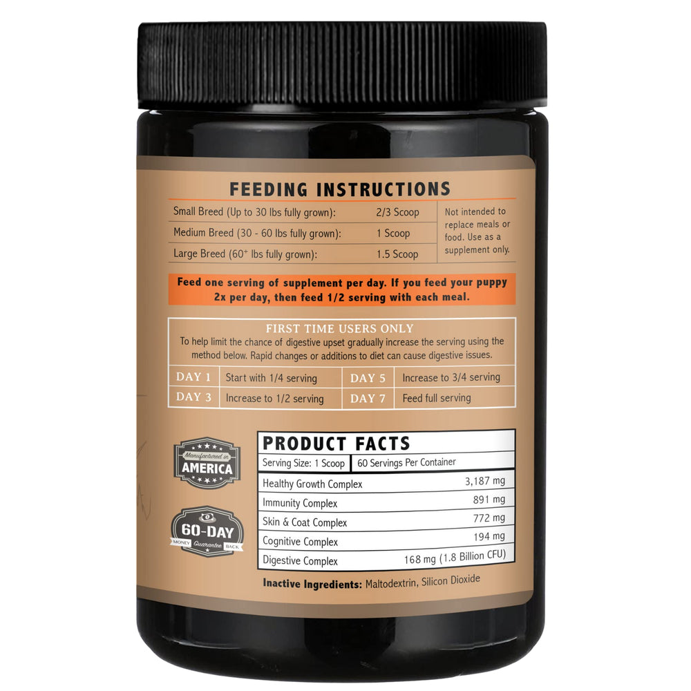 OptiPup label closeup shows transparent ingredient list and branding