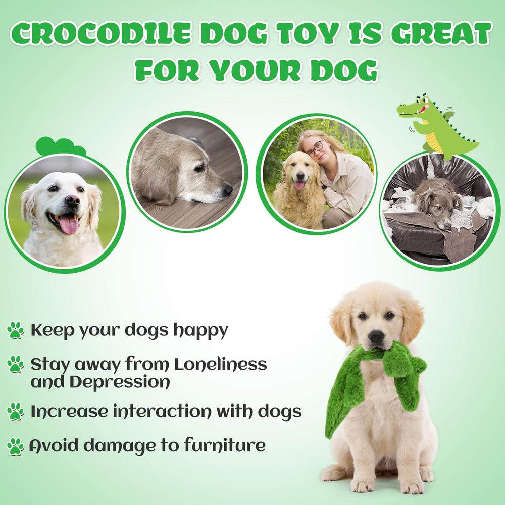 Alphatool crocodile toy beside a dog illustrating easy cleaning via machine wash
