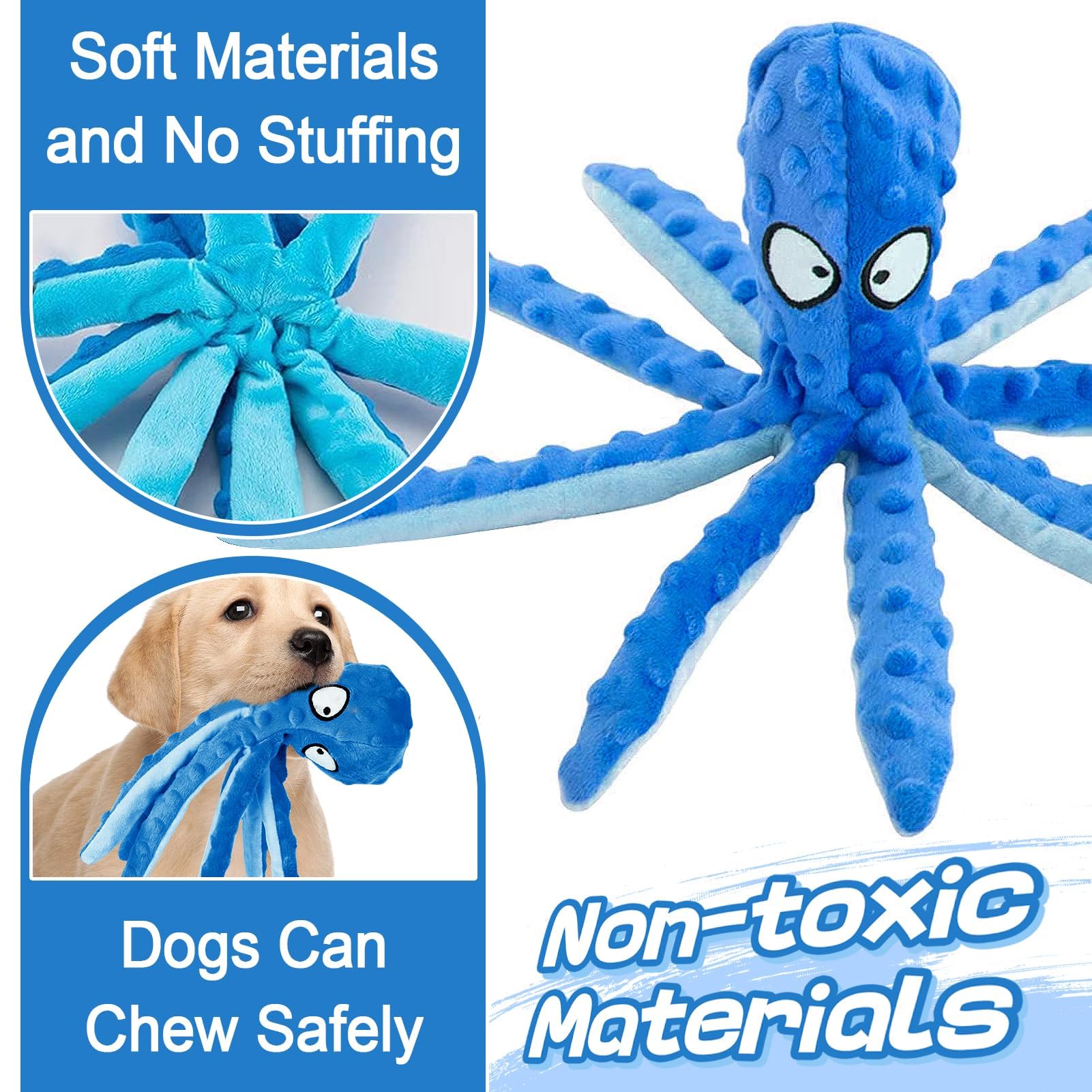 Alphatool octopus blue eyes and squeaker boost playful instincts.
