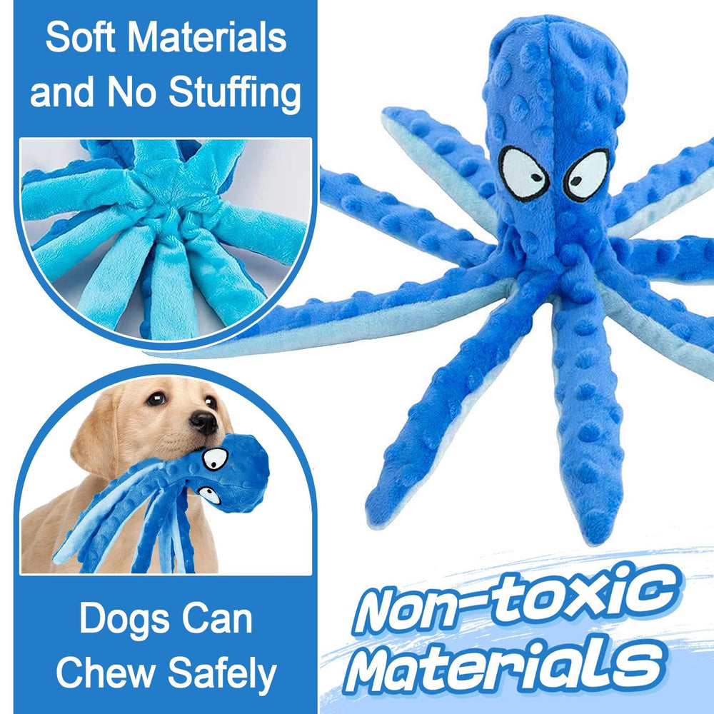 Alphatool octopus blue eyes and squeaker boost playful instincts.